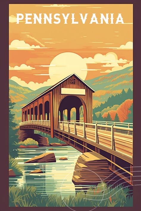 Pennsylvania Wall Art, Travel Poster Illustration, Pennsylvania Aesthetic, Usa Landmarks, Cool Poster Designs, Wanderlust Decor, Vintage Postcards Travel, State Posters, Travel Art Journal