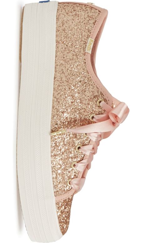 Kate Spade NY x Keds Released Rose Gold Sneakers, and We're in a Glitter-Induced Craze Pink Glitter Sneakers With Round Toe, Casual Gold Glitter Sneakers, Trendy Gold Glitter Sneakers, Pink Low-top Sneakers With Glitter Print, Sparkly Sneakers, Kate Spade Glitter Keds, Kate Spade Keds, Rose Gold Sneakers, Gold Sneakers