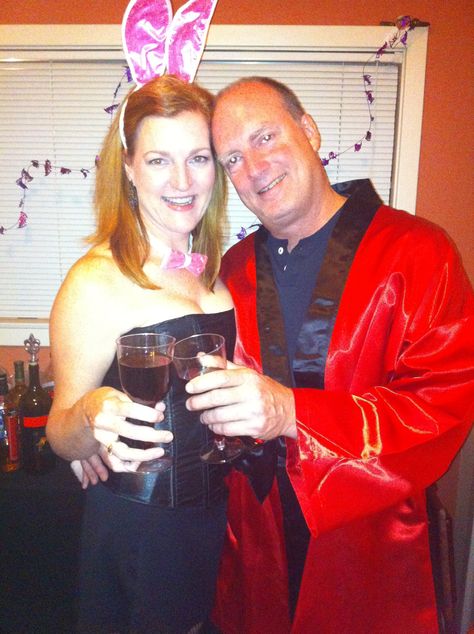 Playboy bunny and Hugh Heffner.  Found the robe at Goodwill; perfect for last minute costume idea Last Minute Costumes, Playboy Bunny, Bunny Girl, Red Leather Jacket, Leather Jacket