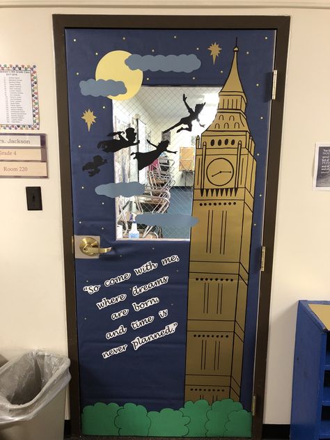 Peter Pan inspired door decoration. Disney Door Decorating Contest, Book Theme Classroom Door, Cinderella Classroom Door, Peter Pan Bulletin Board Ideas, Storybook Classroom Door Ideas, Fairytale Door Decoration, Peter Pan Halloween Decorations, Pixar Door Decorations, Disney School Door Decorations