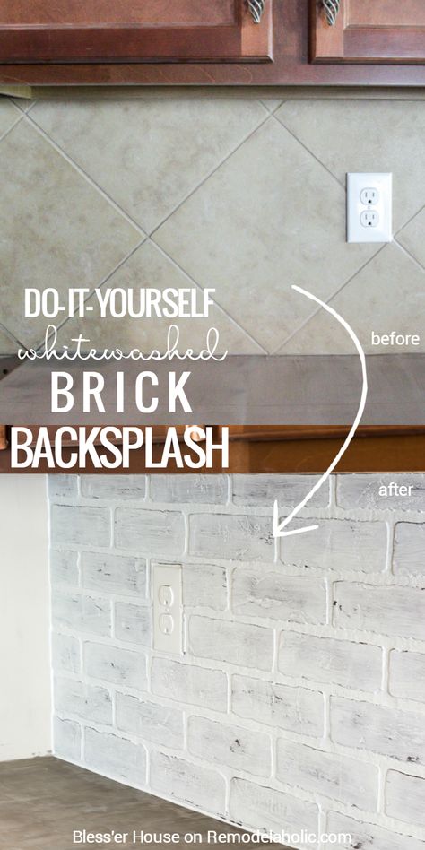 This whitewashed (faux) brick backsplash is the perfect EASY way to cover up a dated tile backsplash. I love how it looks in Lauren's finished white farmhouse kitchen! Tutorial on Remodelaholic.com Kitchen Remodel Backsplash, Farmhouse Kitchen Diy, Faux Brick Backsplash, White Farmhouse Kitchen, Brick Backsplash Kitchen, Farmhouse Kitchen Backsplash, Diy Kitchen Backsplash, Look Wallpaper, Brick Backsplash