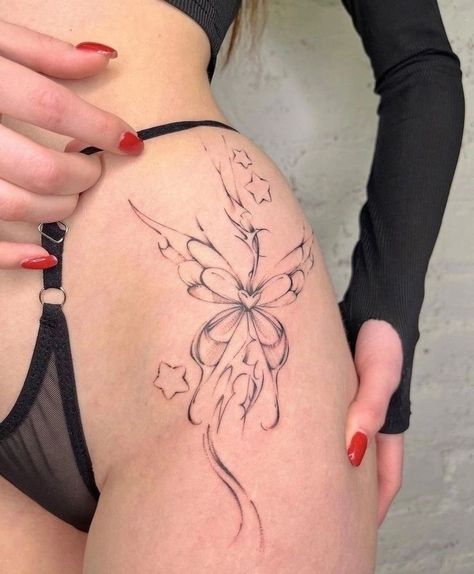 Blitz Tattoo, Small Pretty Tattoos, Thigh Tattoos Women, Discreet Tattoos, Dainty Tattoos, Elegant Tattoos, Hip Tattoo, Dope Tattoos, Simplistic Tattoos