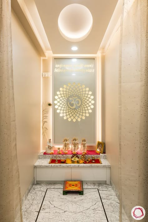 Pooja Room Designs That Stand Apart Celling Design For Mandir, Unique Pooja Room Ideas, Puja Room Ceiling Design, Pooja Mandir Modern, Puja Mandir Design Home, Pooja Room Ceiling Designs, Modern Temple Design For Home, Pooja Mandir Modern Home, Pooja Room Design Modern