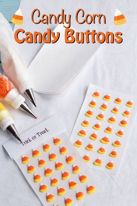 Did you ever eat candy buttons when you were a kid? They were amoung my favoite Halloween treat. Follow this DIY to make candy corn candy buttons this year. Christmas Sweets Recipes, Halloween Sugar Cookies Decorated, Royal Icing Templates, Candy Corn Cookies, Icing Transfers, Cookie Decorations, Royal Icing Flowers, Halloween Cookies Decorated, Candy Buttons