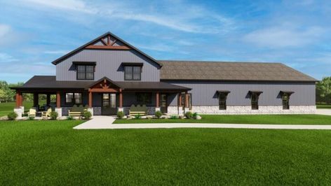 Elegant 4-Bedroom Single-Story Modern Farmhouse With Split Bedroom Layout (Floor Plan) House Plan With Garage, Barndo House, Vaulted Roof, Barn Houses, Cedar Posts, Porch Plans, Workshop Plans, Barndominium Plans, House Planning