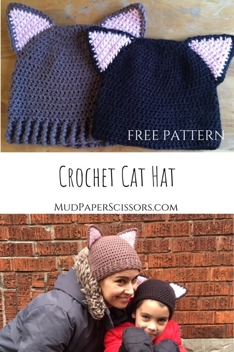 Crochet Cat Hat - Mud Paper Scissors Crocheted Cat Ears Free Pattern, Crochet Baby Cat Hat Pattern Free, Crochet Childrens Cat Hats Free Patterns, Crochet Hat Cat Ears Pattern, Cat Bonnet Crochet, Crochet Beanie With Cat Ears, Cat Crochet Hat Pattern Free, Free Crochet Cat Hat Pattern, Crochet Cat Ear Hat Free Pattern