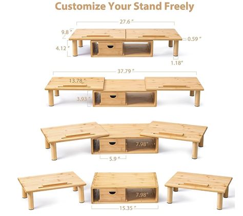 ROCDEER Dual Monitor Stand Riser with Drawer for Desk Laptop Desk Shelf with Adjustable Length and Angle, Bamboo Computer Stand Riser for 2 or 3 Monitors Screen Laptop PC TV -Natural Ikea Office Furniture, Ikea Office, Dual Monitor Stand, Screen Laptop, Desk Laptop, Monitor Riser, Crazy House, Dual Monitor, Computer Stand