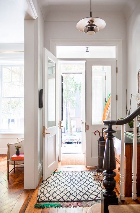 Brownstone Interiors, West Village Townhouse, Nyc Townhouse, Townhouse Interior, Wooden Floors, Entry Way Design, West Village, Entry Way, Beni Ourain