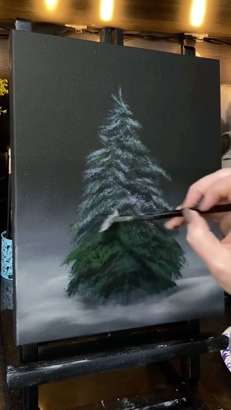 Paint Christmas Canvas, Christmas Tree Painting Canvases, Pine Tree Painting, Christmas Canvas Art, Painting Trees, Christmas Paintings On Canvas, Christmas Forest, Acrylic Painting Lessons, Oil Painting Techniques