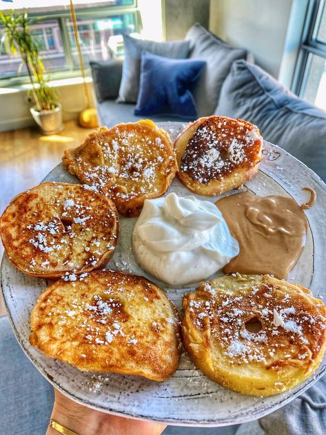 GF APPLE RING PANCAKES — Healthy Mood SF Fried Apple Rings, Whole Wheat Pita Bread, Sliced Apple, Fried Apple, Peanut Butter Dip, Apple Donuts, Apple Rings, Apple And Peanut Butter, Healthy Mood