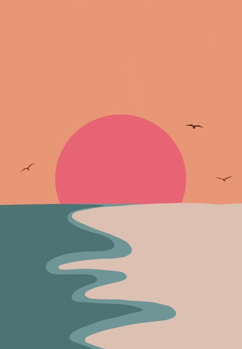 Sunset Art Ideas, Sunset Simple Painting, Sunset Wallpaper Drawing, Sunset Background Drawing, Drawing With Tempera, Drawing Ideas Sunset, Summer Paintings Easy, Sunset Drawings, Cartoon Sunset