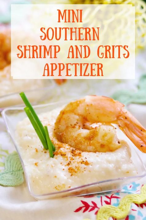 Bite Size Southern Shrimp and Grits Appetizer! Let me tell you a little something funny. I was thinking about what to make for a party last week and decided that I was somehow going to turn "Southern Shrimp and Grits" into an appetizer. While chatting with my neighbor and dear friend Peggy about how I was planning on taking this dish served hot in a big bowl to a tiny bite sized goodie, I mentioned "Quick Cooking GRITS!" I nearly fell flat over laughing when she showed up wit Shrimp And Grits Shooters, Shrimp And Grits Appetizer Cups, Mini Shrimp And Grits, Shrimp And Grits Appetizer, Grits Appetizer, Cooking Grits, Bunco Christmas, Southern Shrimp And Grits, Instant Grits