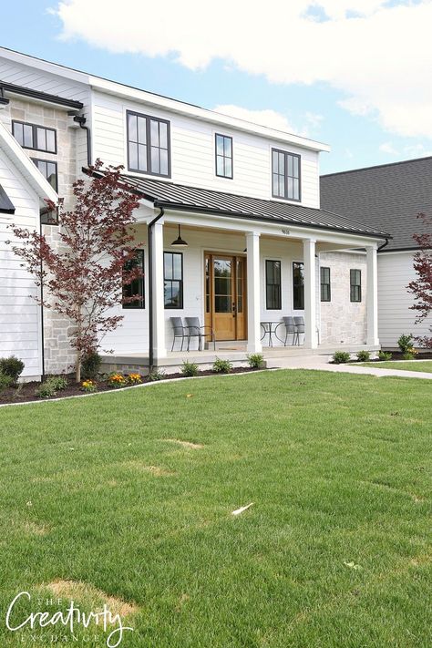 Modern Farmhouse Home Tour: Millhaven Homes White Horizontal Siding, Smooth Stucco, Horizontal Siding, Millhaven Homes, White Farmhouse Exterior, Metal Porch, Modern Farmhouse Cottage, Farmhouse Tour, White Modern Farmhouse