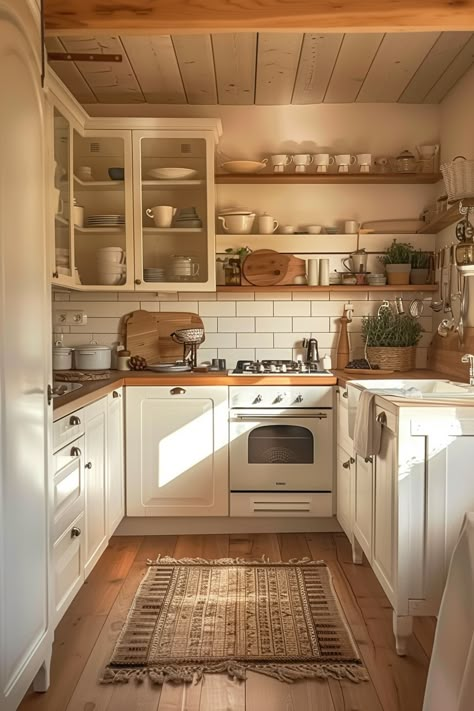 Inspiring Tiny Cottage Kitchen Ideas - Quiet Minimal Whimsical Cottage Kitchen, Small Square Kitchen Ideas, Cozy Modern Cottage, Small Cottage Kitchen Ideas, Modern Cottage Kitchen, Tiny Cottage Kitchen, Cottage Kitchen Inspiration, Cozy Kitchen Nook, Diy Kitchen Hacks