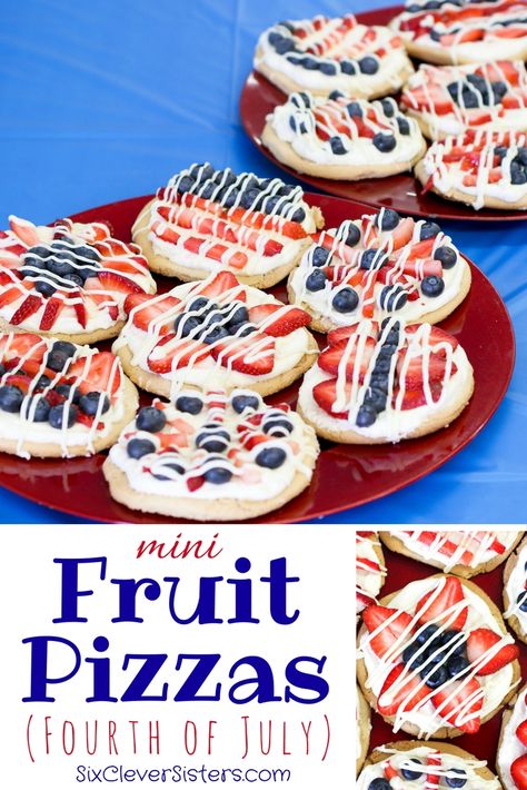 Mini Fruit Pizzas (Fourth of July) - Six Clever Sisters Dessert Picnic, Fruit Pizzas, 4th July Food, Blueberries And Strawberries, Mini Fruit Pizzas, Fruity Dessert, Sugar Cookie Crust, Patriotic Food, Patriotic Desserts