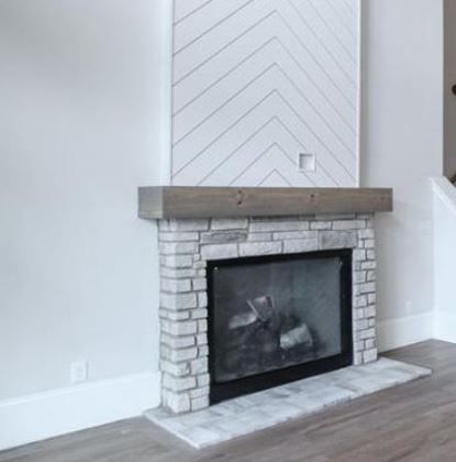 Fireplace with Chevron Ship Lap Upper Chevron Shiplap Fireplace Wall, Herringbone Shiplap Fireplace, Chevron Shiplap Fireplace, Farmhouse Gameroom, Ship Lapped Fireplace, Chevron Fireplace Wall, Ship Lap Fireplace, Chevron Fireplace, Herringbone Fireplace