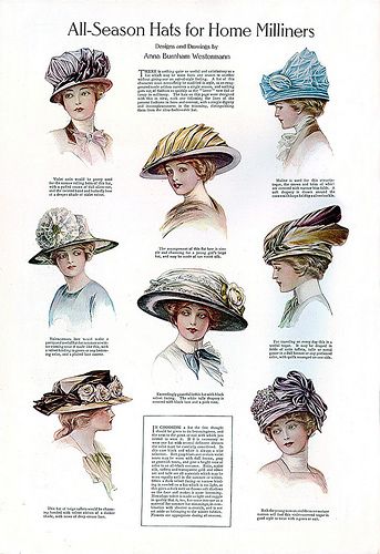 Fashionable hats, published in the January 1911 issue of Ladies Home Journal. 1900s Hats Women, 1910 Hats Women, Evening Hat, Gaun Abad Pertengahan, Edwardian Hat, Historical Hats, 1910s Fashion, Victorian Hats, Womens Hats