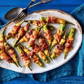 Stuffed Okra Poppers Stuffed Okra, Grilled Okra, Bacon Wrapped Recipes, How To Cook Okra, Summer Appetizers Easy, Southern Living Recipes, Pickled Okra, Okra Recipes, Summer Appetizer