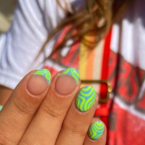 Jenna Kelly | Utah Nail Artist on Instagram: "i never want these summer nails to end!🩵 I LOVE THESE ON YOU @alexisyocum10 inspo: @gelpolish_bar @haha_nails_products thank you always! #blushbeautyandco #utahnails #ogdennails #nailinspo #swirlnails #summernails #roundnails #almondnails #acrylicnails #summernail #bluenails #yellownails #obsessed #nailtech #nailsofinstagram #nailstagram" Utah Nails Summer, Funky August Nails, Groovy Dip Nails, Utah Nails Designs, Groovy Nail Designs Short, Jenna Kelly, Groovy Gel Nails, Utah Nails, Nails Products