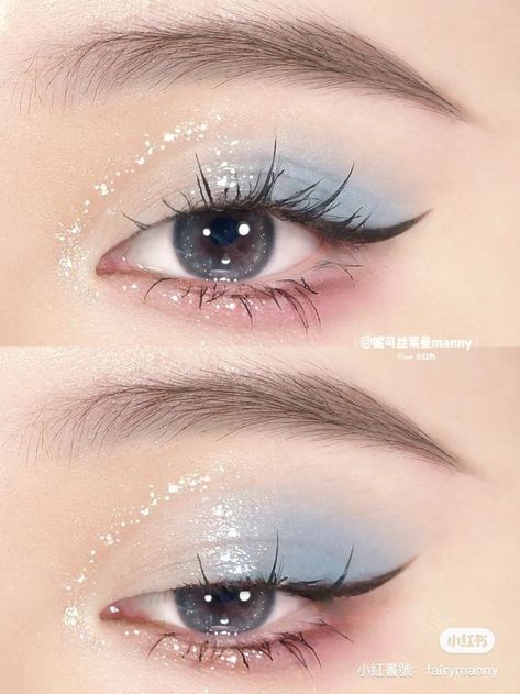 Sky Blue Makeup, Blue Glitter Eyeshadow, White Eye Makeup, Flower Knows, Cute Eye Makeup, Doll Eye Makeup, Korean Eye Makeup, Rave Makeup, Makeup Accesories