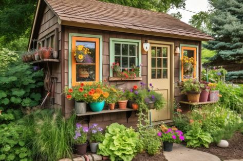 Garden Shed Kits, Cottage Garden Sheds, Shabby Chic Garden, Backyard Sheds, Purple Garden, English Cottage Garden, Backyard Shed, She Sheds, Shed Design