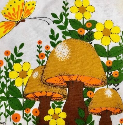 Mushroom Fabric, Wal Art, Fabric Butterfly, Vintage Mushroom, Retro Fabric, Mushroom Art, 70s Retro, Hippie Art, Vintage Artwork