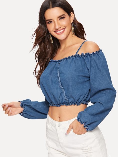 Lettuce Trim Cold Shoulder Crop Denim Top | SHEIN Jean Diy, Denim Crop Top, Top Shein, Shein Style, Cropped Denim, Blouse Styles, Denim Top, Summer Shirts, Cropped Jeans