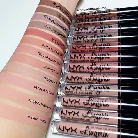 NYX PROFESSIONAL- Lip Lingerie liquid lipstick Top 10 Beauty Products I Wanna Try Shades Of Lipstick, Nyx Lip Lingerie, Nyx Lingerie, Nyx Lip, Nyx Lipstick, Organizer Makeup, Beauty Make-up, Nyx Makeup, Lip Swatches