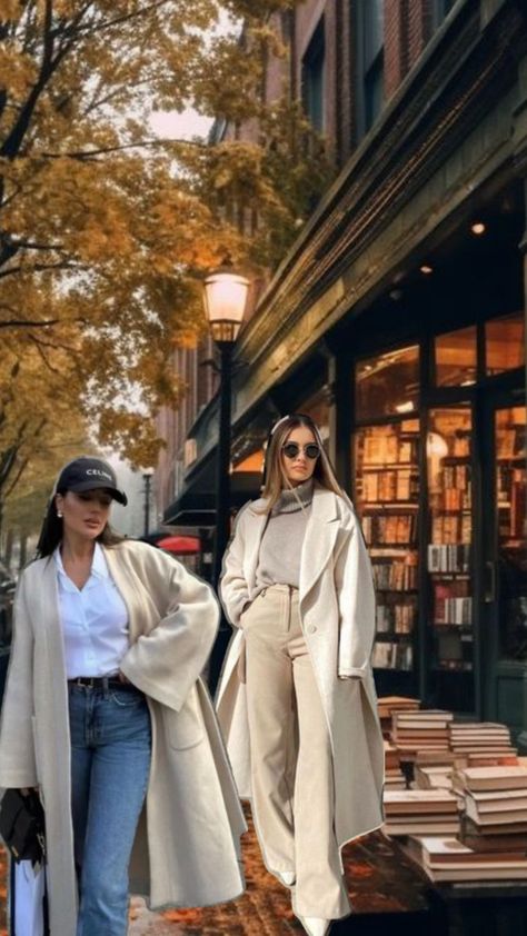 chic, neutral-toned fall outfits with oversized beige coats. One look is casual with jeans and a baseball cap, while the other is more polished with a turtleneck and trousers. The background shows a cozy autumn city scene with a bookstore and fall leaves, adding to the stylish, seasonal vibe. Cream Wool Coat Outfit, Wool Trench Coat Outfit, Wool Coat Outfit, Cream Wool Coat, Cream Trench Coat, Zara Trench Coat, Vanilla Color, Trench Coat Outfit, Bohemian Theme