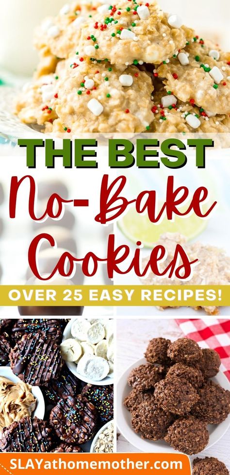 25+ of THE BEST no-bake cookie recipes on Pinterest! #slayathomemother #nobake #cookierecipes #dessertrecipes #christmasrecipes #holidayrecipes #christmas #cookies #nocakecookies #easyrecipes No Back Cookies Recipes, Gf No Bake Cookies, Non Bake Christmas Cookies, Homemade Christmas Cookies Recipes, Easy Classic Christmas Cookies, Nut Free No Bake Cookies, Quick No Bake Cookies, No Bake Cookies Recipes, Cookies No Bake