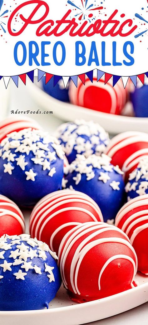 Looking for a festive and delicious treat to add to your July 4th desserts menu? These Patriotic Oreo Truffles are just what you need! Indulge in these no-bake delights that combine the iconic Oreo flavors with patriotic colors. Easy to make and perfect for a Fourth of July celebration! Patriotic Cake Balls, Desserts Fourth Of July, Oreo Balls Recipe, 4th July Food, Jar Desserts, Oreo Truffles Recipe, Oreo Cookie Balls, The Cookin Chicks, Cream Cheese Ball