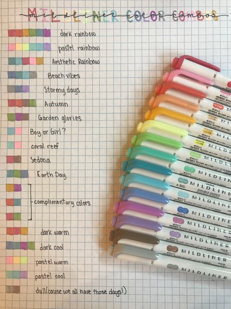 Mildliner Color Combos Ideas, Zebra Mildliner Color Combinations, Mildliner Drawings, Mild Liner Color Combo, Mildliner Highlighters Color Combos, Bujo Color Schemes, Mildliner Color Combos, Midliners Highlighters, Pen Swatches