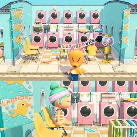 Acnh Laundromat Design, Laundry Animal Crossing, Acnh Laundry Design Code, Animal Crossing Laundry Mat, Acnh Cleancore, Acnh Laundry Mat, Animal Crossing Laundromat, Acnh Washing Area, Acnh Laundry Area