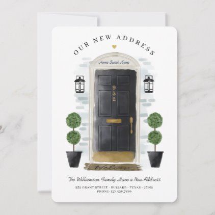 We've Moved - New Address Black Watercolor Door Announcement Watercolor Door, Watercolor Font, Navy Watercolor, Green Front Doors, New House Announcement, Black Front Doors, Black Watercolor, Black Outdoor Wall Lights, New Home Cards