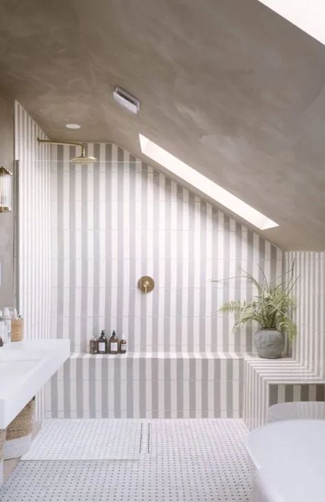 Let's Explore Summer-y Stripes - by Holly Becker / Decor8 Bathroom In Attic, Bathroom Grey Tiles, Lisbon Flat, Striped Bathroom Walls, Types Of Design Styles, Bathroom Tile Design Ideas, Bathroom Cottage, Tile Design Ideas, Cabin Style Homes