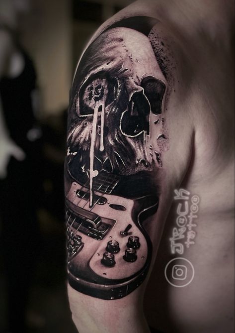 Skull tattoo Rock Music Tattoo Ideas, Rock And Roll Tattoos, Tattoo Music Ideas, Bass Guitar Tattoo, Rock Tattoo Ideas, Black Metal Tattoo, Black And Grey Tattoo Design, Grey Tattoo Design, Rock Tattoos