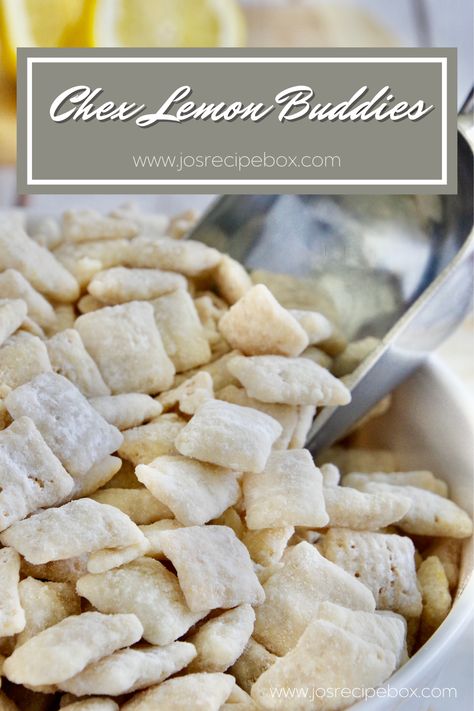 CHEX LEMON BUDDIES Chex Lemon Buddies, Lemon Chex Mix, Lemon Chex, Lemon Buddies, Lemon Puppy Chow, Easy Puppy Chow Recipe, Chex Snack Mix Recipes, Lemon Snack, Chex Snack Mix