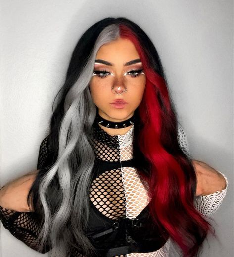 Red Black And Silver Hair, Red And White Highlights Hair, Black And Red Hair Color Ideas, Checkered Hair Dye, White Red And Black Hair, Black Roots Colored Hair, Red Silver Hair, Black Red And White Hair, Black White And Red Hair