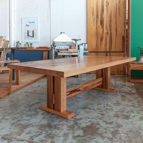 A classic style gets an update. The Pedestal Dining table is our take on a rustic, farmhouse style. ⁠ Made from a range of recycled Australian hardwoods in either a sleek 40mm top, or a chunky 70mm flipped edge. ⁠🍃 Chunky Dining Table, Minimalist Wood Furniture, Sunday Roasts, Banquette Ideas, Recycled Timber Furniture, Farmhouse Style Dining Table, Dining Room Furniture Design, Timber Dining Table, Yard Furniture