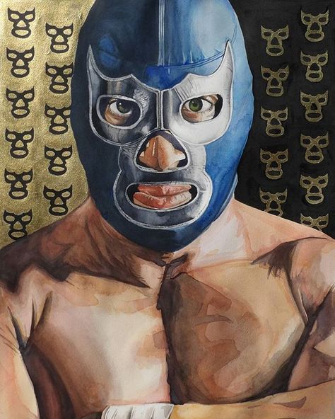 This painting was too big to fit into this post (it's almost 2 feet by 3 feet), there's a lot going on in this painting mainly lots of contrast between temperatures and values. Definitely one of my favorites this year! Mexican Wrestler, Blue Demon, Jr Art, December 29, Chicano Art, My Favorites, Kitsch, Superman, Comic Art