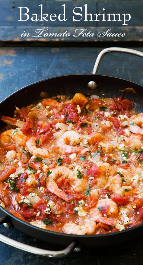 Quick, easy, ONE pot! Shrimp baked in tomato sauce with onions, garlic, and feta cheese. Takes 30 min to make. So GOOD! On SimplyRecipes.com #1-pot #greek #shrimp #tomatosauce One Pot Shrimp, Feta Sauce, Seafood Linguine, Baked Shrimp Recipes, Feta Cheese Recipes, Baked Shrimp, Feta Pasta, Fine Cooking, Shrimp Dishes