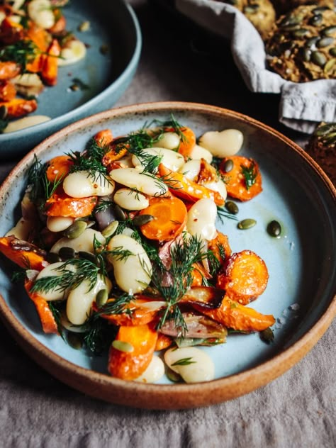 Butterbean Salad Recipe, Olive Muffins, Carrot Butter, Shallot Butter, Dill Salad, Roasted Carrot, Beautiful Salad, Butter Beans, Roasted Carrots