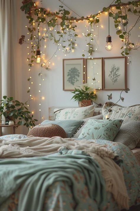 Bedroom Decor Ideas With Lights, How To Make Fairy Lights Look Good, Makeover Room Ideas, Cozy Apartment On A Budget, Room Ideas Cheap Diy, Light Room Ideas Bedrooms, Ideas For Lights In Bedroom, Bedroom With Fairy Lights Ideas, Bedroom Decor Budget Friendly