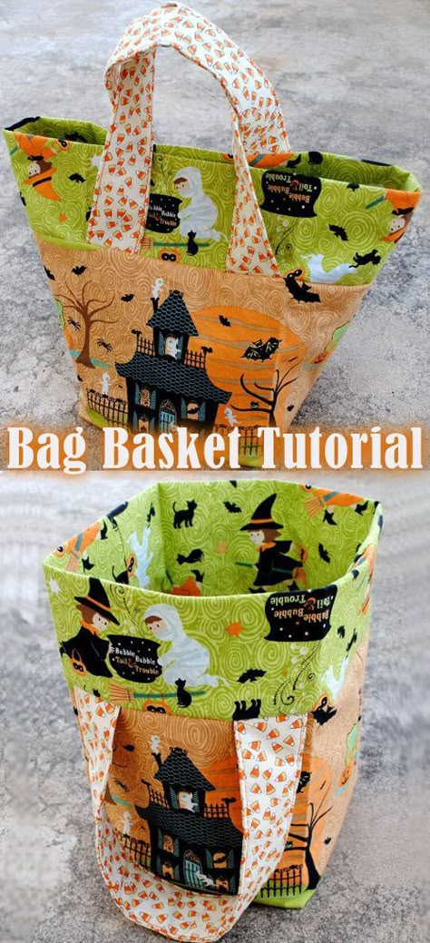 Bag Basket Tutorial ~ Free-Tutorial.net Basket Bag Pattern Free, Halloween Bag Sewing Pattern, Sewed Gift Bags, Pumpkin Bag Pattern, Sewing Bag Patterns, Gift Bag Sewing Pattern, Sew Christmas Gifts, Kids Treat Bags, Halloween Diy Kids