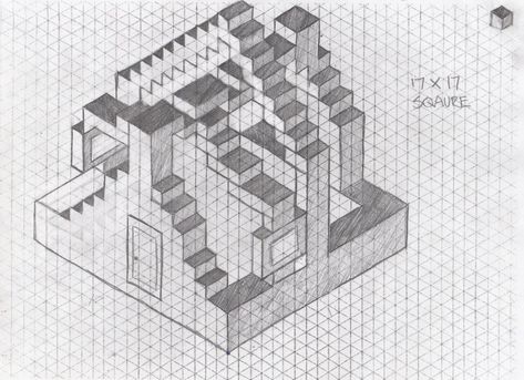 Penrose Stairs, Grid Drawing Ideas, Stairs Drawing, Isometric Drawings, Isometric Graph Paper, How To Draw Stairs, Isometric Paper, 3d Grid, Isometric Grid