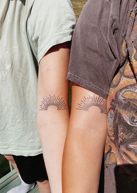 Half Sun Matching Tattoo, Chasing The Sun Tattoo, Matching Sun Tattoos, Sun Knee Tattoo, Sunrise Sunset Tattoo, Half Sun Tattoo, Rising Sun Tattoos, Sunrise Tattoo, Sunshine Aesthetic