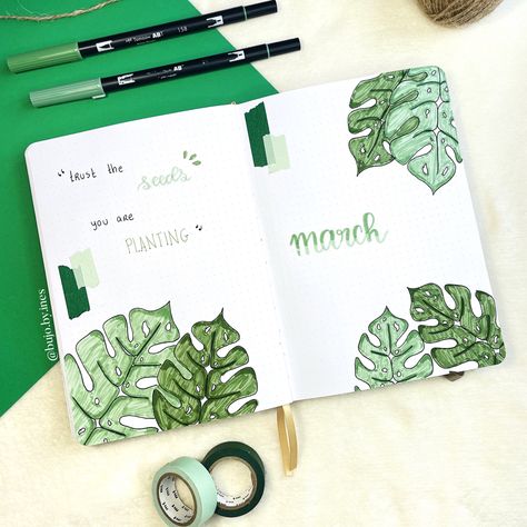 march on my bullet journal looks a lot like green, plants & leaves. it’s time to welcome spring on out bullet journals #bulletjournal #bujo #bujotheme #bujomarchtheme #marchtheme #bujomonstera #bujoplants #bujocovermarch Bujo Leaves Theme, Plant Bullet Journal Theme, Green Bullet Journal Theme, Green Bujo, Bullet Journal Leaves, 2025 Bujo, Personas Design, Notebook Therapy, Archer And Olive