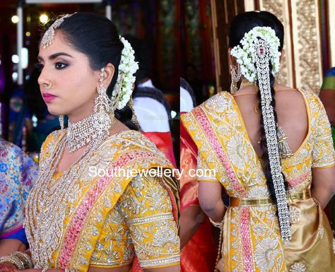 Harini Boinipally in Diamond jewellery photo Diamond Jada, Jada Designs, Diamond Tikka, Diamond Haram, Jewellery Photo, Indian Diamond Jewellery, Bridal Sarees South Indian, Bridal Braids, Diamond Jewelry Set