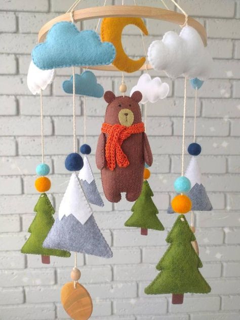 Bear mobile Woodland mobile Felt mobile Mountains nursery | Etsy Mountains Nursery, Fox Mobile, Bear Mobile, Forest Nursery Decor, Woodland Mobile, Rustic Nursery Decor, Mountain Nursery, Fox Nursery, Baby Quiet Book