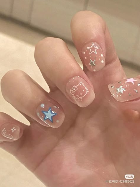 Jelly Star Nails, Paznokcie Hello Kitty, Hello Nails, Punk Nails, Cute Simple Nails, Blush Nails, Hello Kitty Nails, Pretty Gel Nails, Really Cute Nails